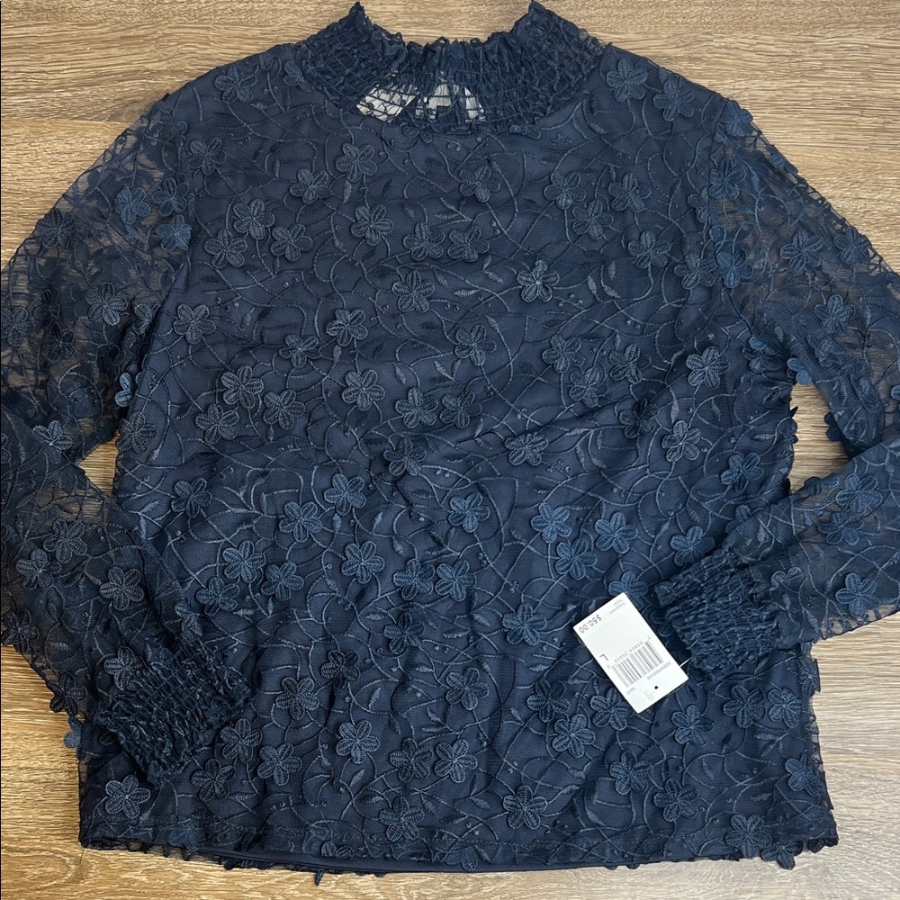 Adiva Navy Floral Lace Smocked Neck Blouse – Size L (NWT)